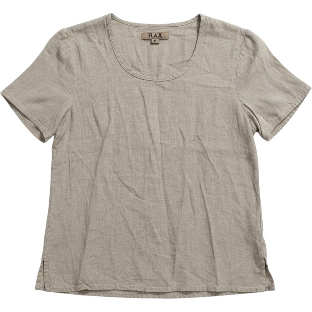 FLAX Women Petite Short Sleeve 100% Linen Scoop Neck Top Oatmeal S sustainable